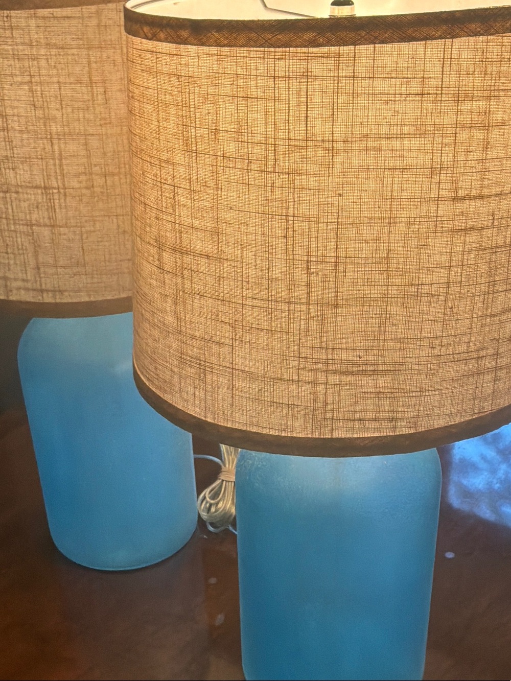Frosted Aqua Glass Jar Table Lamps with Neutral Linen Shades beautiful!!! - Picture 4 of 7